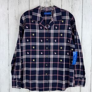 VTG NWT Karen Scott Sport Blue Plaid Patriotic Button-Up Shirt USA Size Small